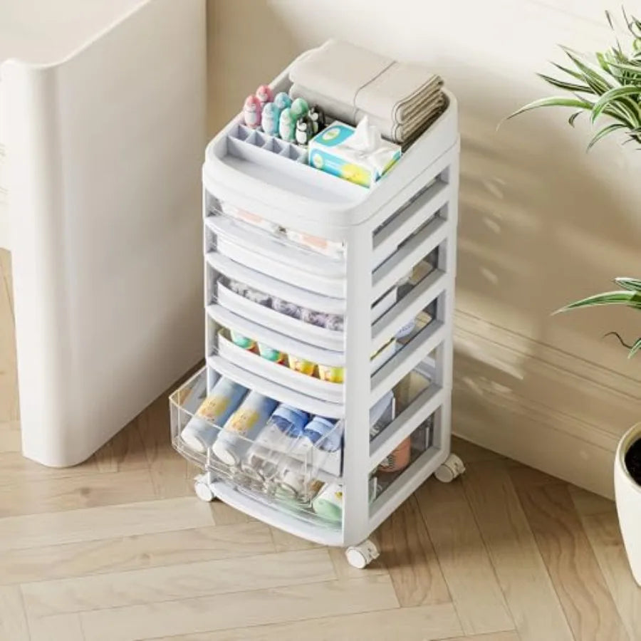 Rolling Cart with 6 Drawers Clear Plastic Drawer Organizers Dust Proof Under Desk Storage for Makeup Skincare Art Crafts and Ba