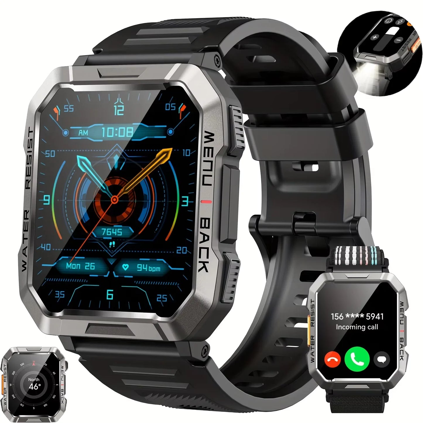 Blackview W60 Waterproof Smartwatch with Emergency Lighting 2.01'' Screen 900mAh Large Battery BT Outdoor Sport Watches for Man