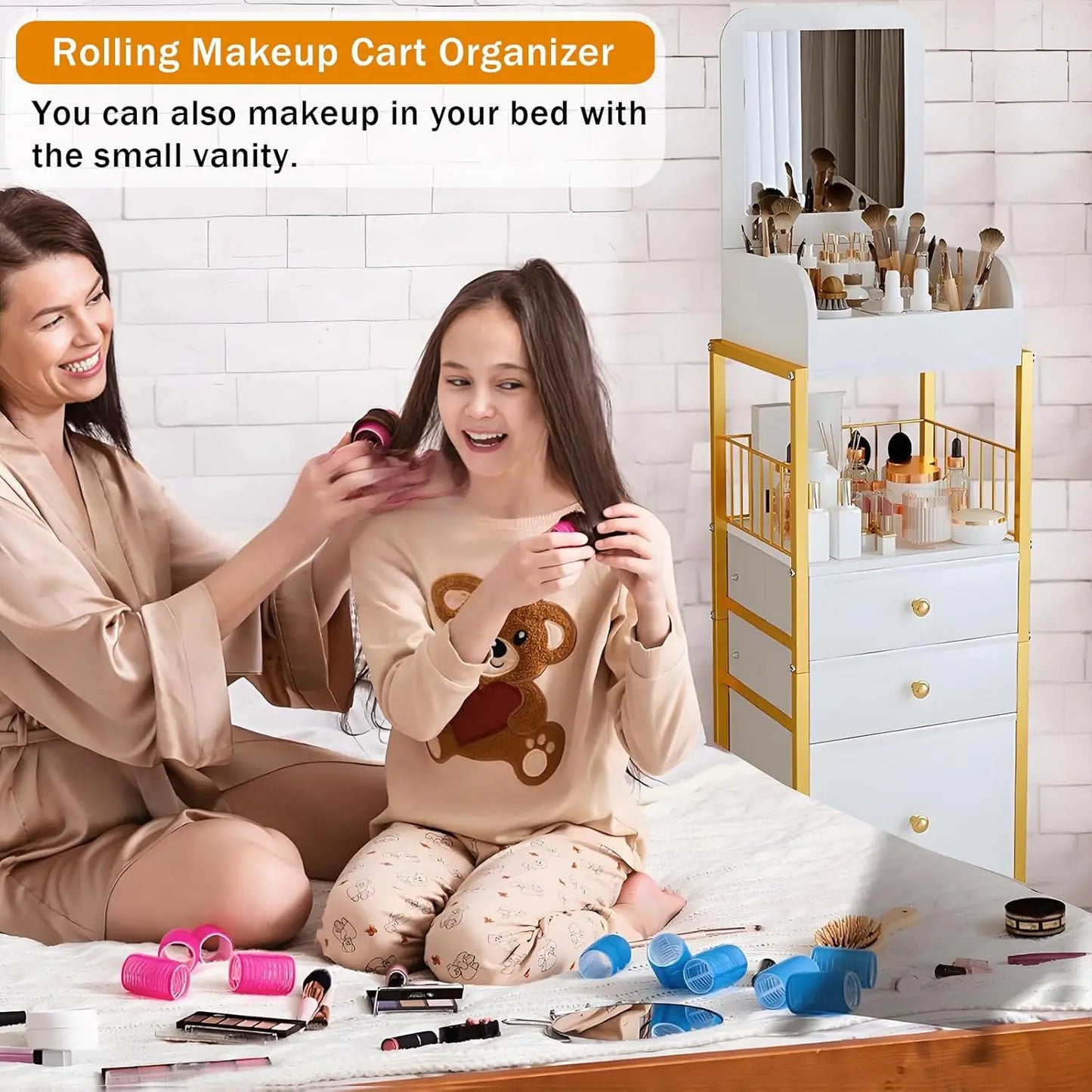 Makeup Cart Organizer with Mirror, Large Rolling Vanity Cart for Cosmetics, Skin Care, Perfume, Nail Polish Storage, Gold