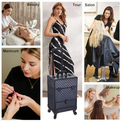Rolling Makeup Train Case 360 Rotating Wheel Aluminum Cosmetic Case with Trolley 4-Tray for Tattoo/Barber/Nail Tech Travel Cart