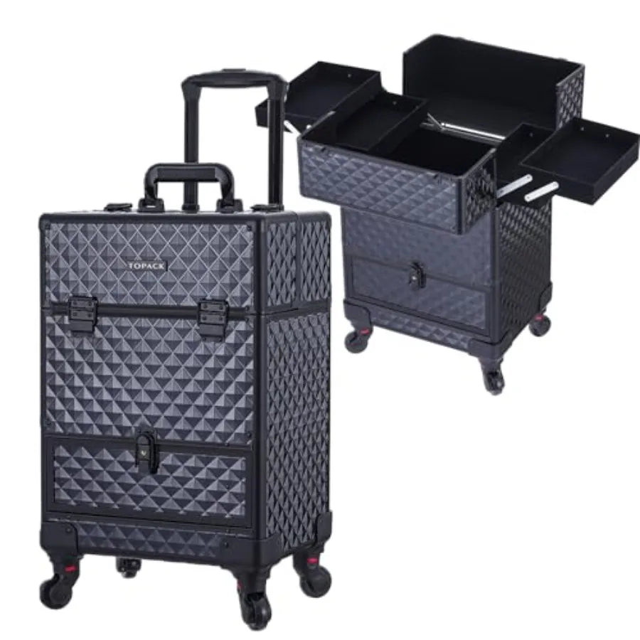 Rolling Makeup Train Case 360 Rotating Wheel Aluminum Cosmetic Case with Trolley 4-Tray for Tattoo/Barber/Nail Tech Travel Cart