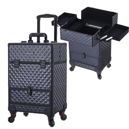 Rolling Makeup Train Case 360 Rotating Wheel Aluminum Cosmetic Case with Trolley 4-Tray for Tattoo/Barber/Nail Tech Travel Cart