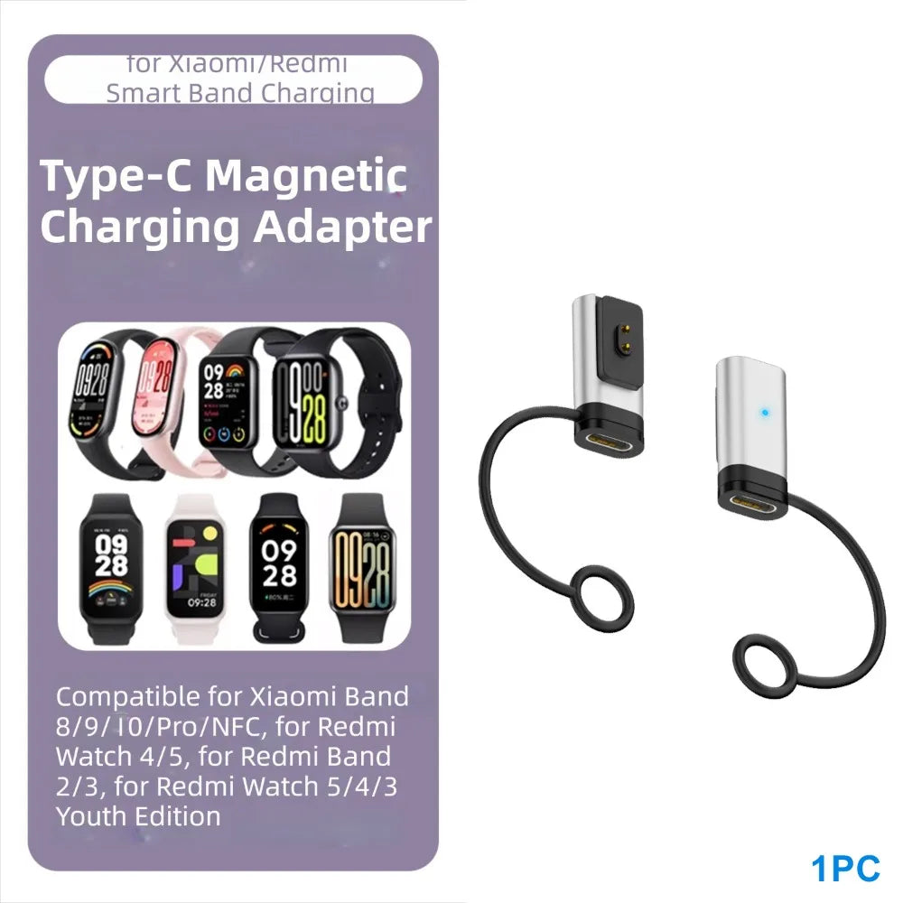 LED Indicator Magnetic Charger Converter Type-C Female to 2pin Converter for Xiaomi Smart Band 8/9/10/Pro/NFC Redmi Watch 5/4/3