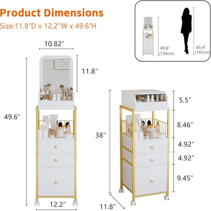 Makeup Cart Organizer with Mirror, Large Rolling Vanity Cart for Cosmetics, Skin Care, Perfume, Nail Polish Storage, Gold