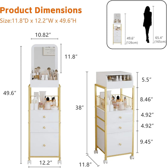 Makeup Cart Organizer with Mirror, Large Rolling Vanity Cart for Cosmetics, Skin Care, Perfume, Nail Polish Storage, Gold