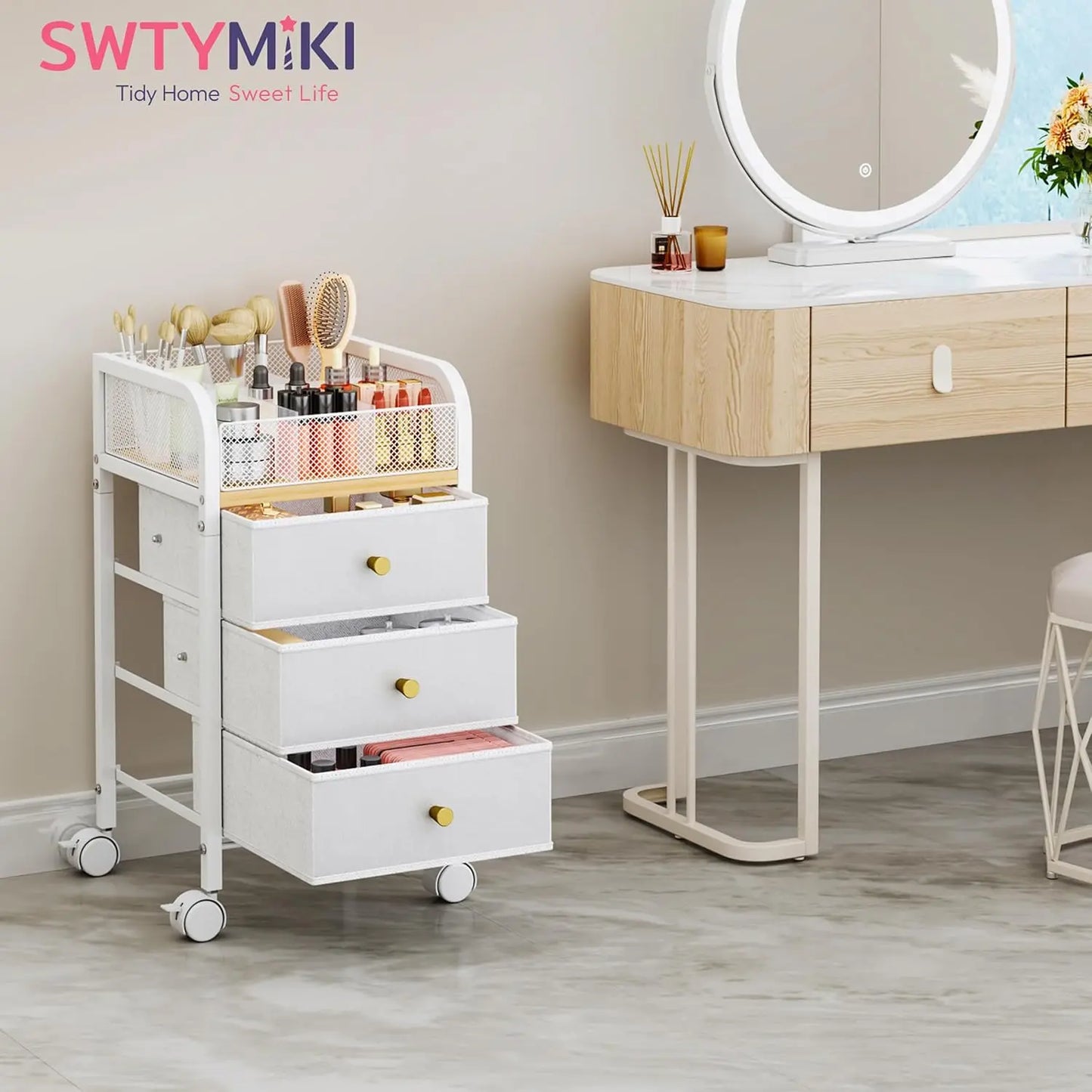 Rolling Makeup Organizer Cart with 3 Drawers and Lockable Wheels for Skincare, Cosmetics, and Hair Tools
