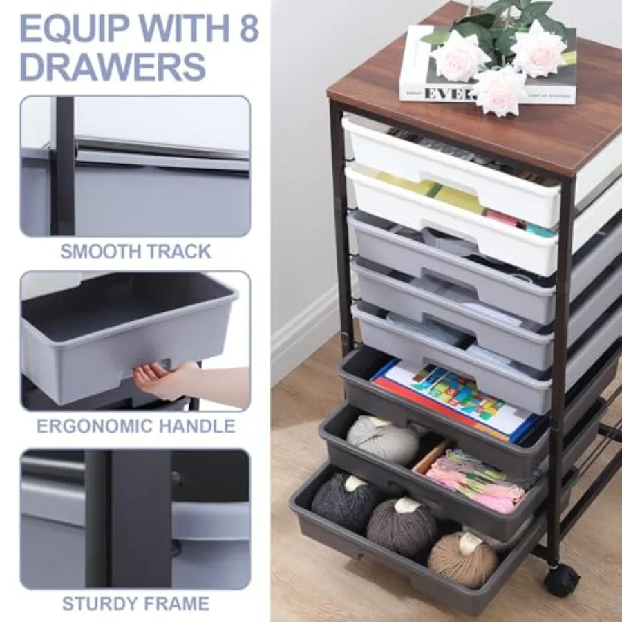 Rolling Cart with Drawers Utility Cart with 8 Drawers and Wooden Tabletop for Living Room Classroom Bedroom Bathroom Dorm Offic