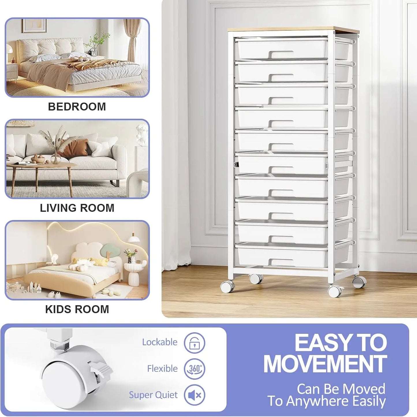 10-Drawer Rolling Cart with Wheels and Wooden Tabletop, White Utility Storage Cart for Classroom or Craft Use