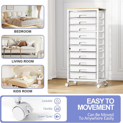 10-Drawer Rolling Cart with Wheels and Wooden Tabletop, White Utility Storage Cart for Classroom or Craft Use