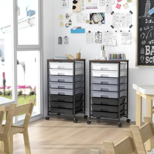 Rolling Cart with Drawers Utility Cart with 8 Drawers and Wooden Tabletop for Living Room Classroom Bedroom Bathroom Dorm Offic