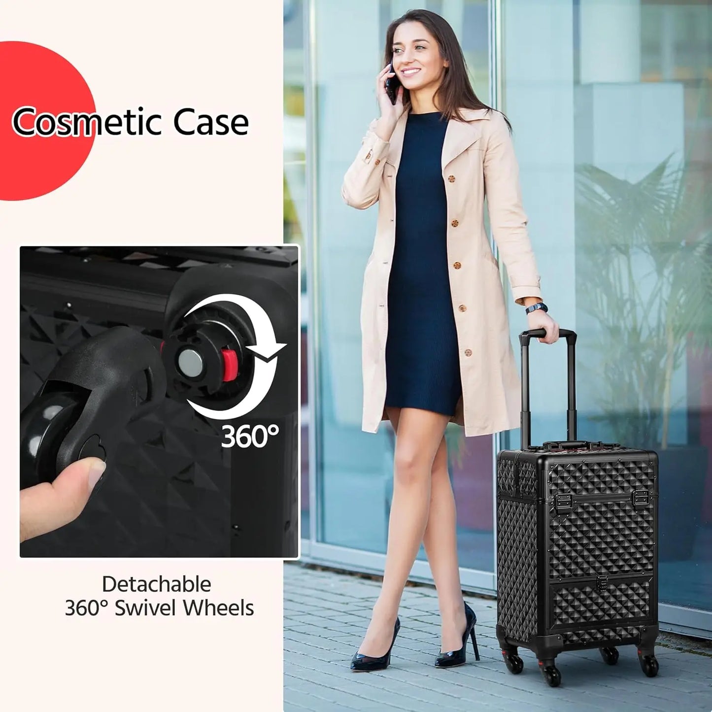 Rolling Makeup Train Case with Wheels, Lockable Travel Trolley, Sliding Drawers, Removable Divider in Black/Red