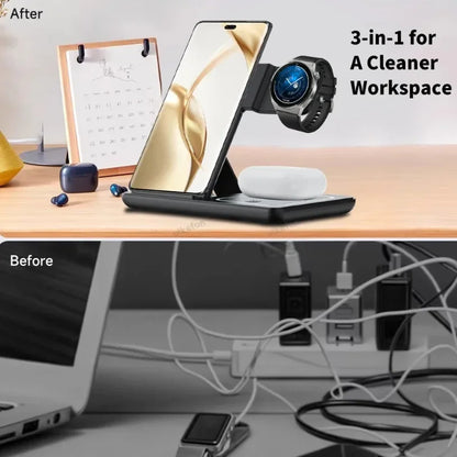 3 in 1 Foldable Wireless Charger Desk Stand For Samsung S24 S23 Galaxy Watch 2-8 Active 1 2 Buds Pro LED Fast Charging Station
