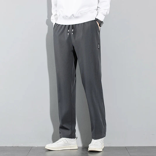 Ice Silk Men's Pants 2025 Summer New Black Gray Thin Business Casual Pants Outdoor Elastic Breathable Straight Leg Sweatpants