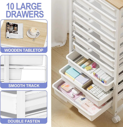 10-Drawer Rolling Cart with Wheels and Wooden Tabletop, White Utility Storage Cart for Classroom or Craft Use
