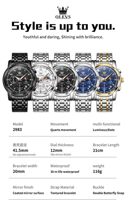 OLEVS 2983 New Quartz Men's Wristwatches Digital Intelligent Style Literal Steel Strap Waterproof Moon Phase Chronograph Watch