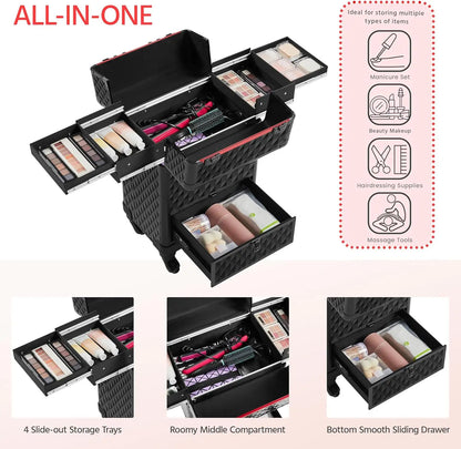 Rolling Makeup Train Case with Wheels, Lockable Travel Trolley, Sliding Drawers, Removable Divider in Black/Red