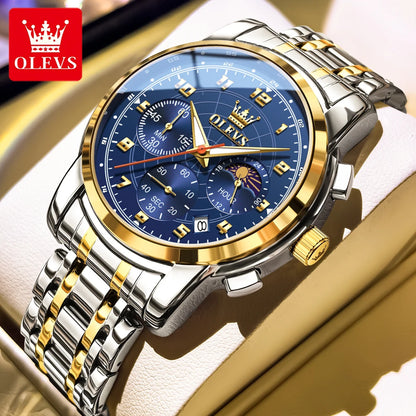 OLEVS 2983 New Quartz Men's Wristwatches Digital Intelligent Style Literal Steel Strap Waterproof Moon Phase Chronograph Watch