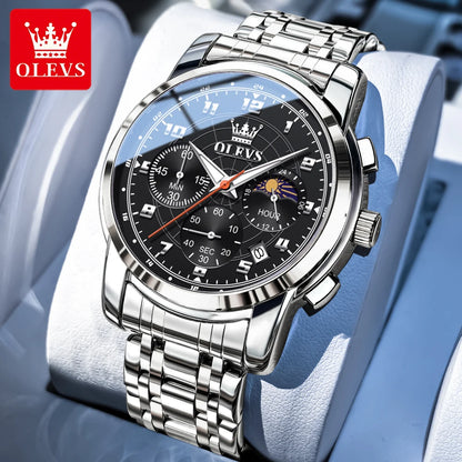 OLEVS 2983 New Quartz Men's Wristwatches Digital Intelligent Style Literal Steel Strap Waterproof Moon Phase Chronograph Watch