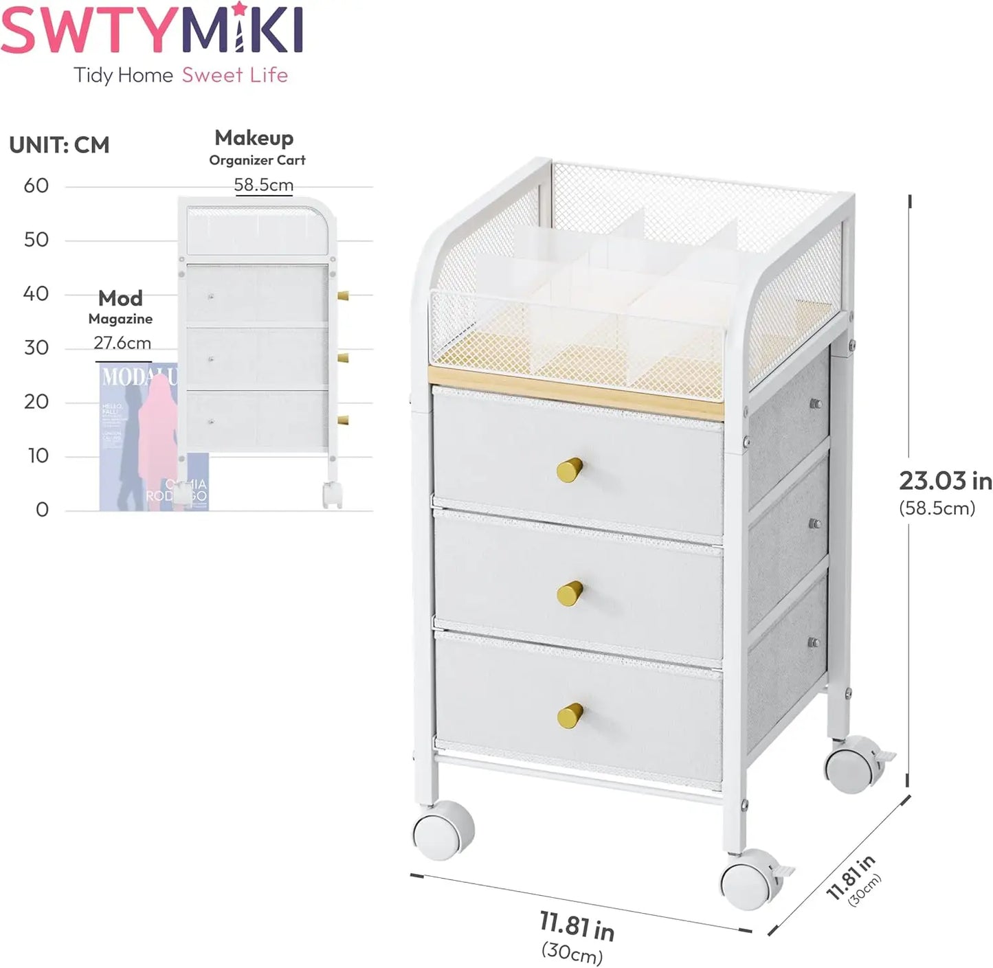 Rolling Makeup Organizer Cart with 3 Drawers and Lockable Wheels for Skincare, Cosmetics, and Hair Tools