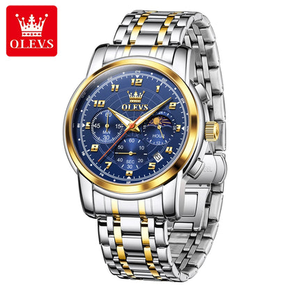 OLEVS 2983 New Quartz Men's Wristwatches Digital Intelligent Style Literal Steel Strap Waterproof Moon Phase Chronograph Watch
