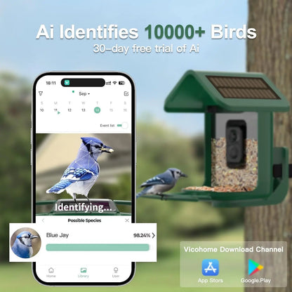 Solar Powered Bird Feeder with 2K Camera: AI Identify, Auto Capture Videos & Pictures, WiFi for Backyard Bird Watching
