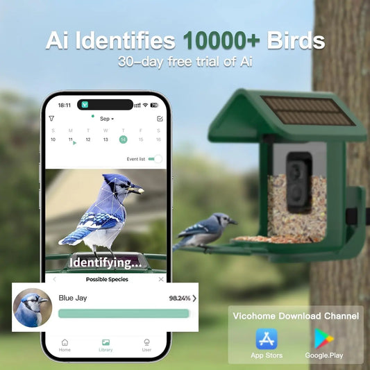 Solar Powered Bird Feeder with 2K Camera: AI Identify, Auto Capture Videos & Pictures, WiFi for Backyard Bird Watching