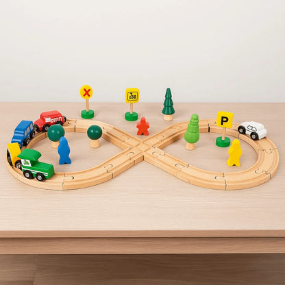8-shaped Children Wooden Train Rail Signal Light Early Education Thinking Training Track Train Multifunctional Splicing