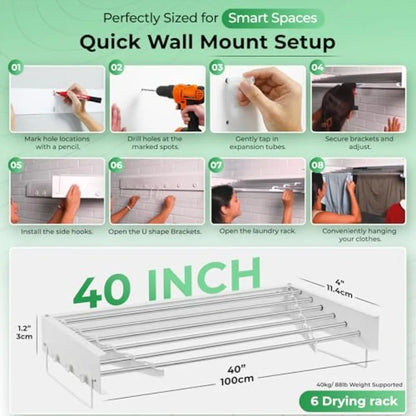 Wall Mount Clothes Drying Rack 40 Heavy Duty Foldable Design Space Saving Laundry Solution for Apartments Homes in Black Metal