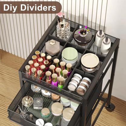 5-Tier Rolling Makeup Cart with 4 Drawers, Adjustable Dividers, Lockable Wheels for Cosmetics Storage