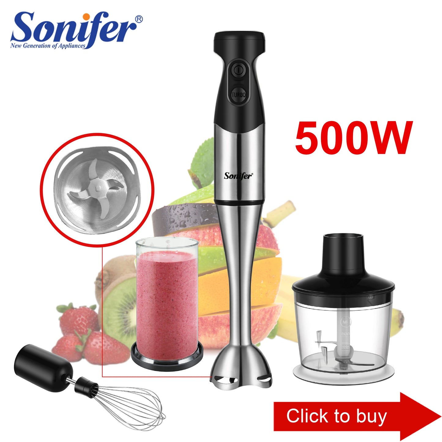 Blender Electric Food Mixer Kitchen Detachable Hand Blender Egg Beater Vegetable Stand Blend Stainless Steel Blade 220V Sonifer
