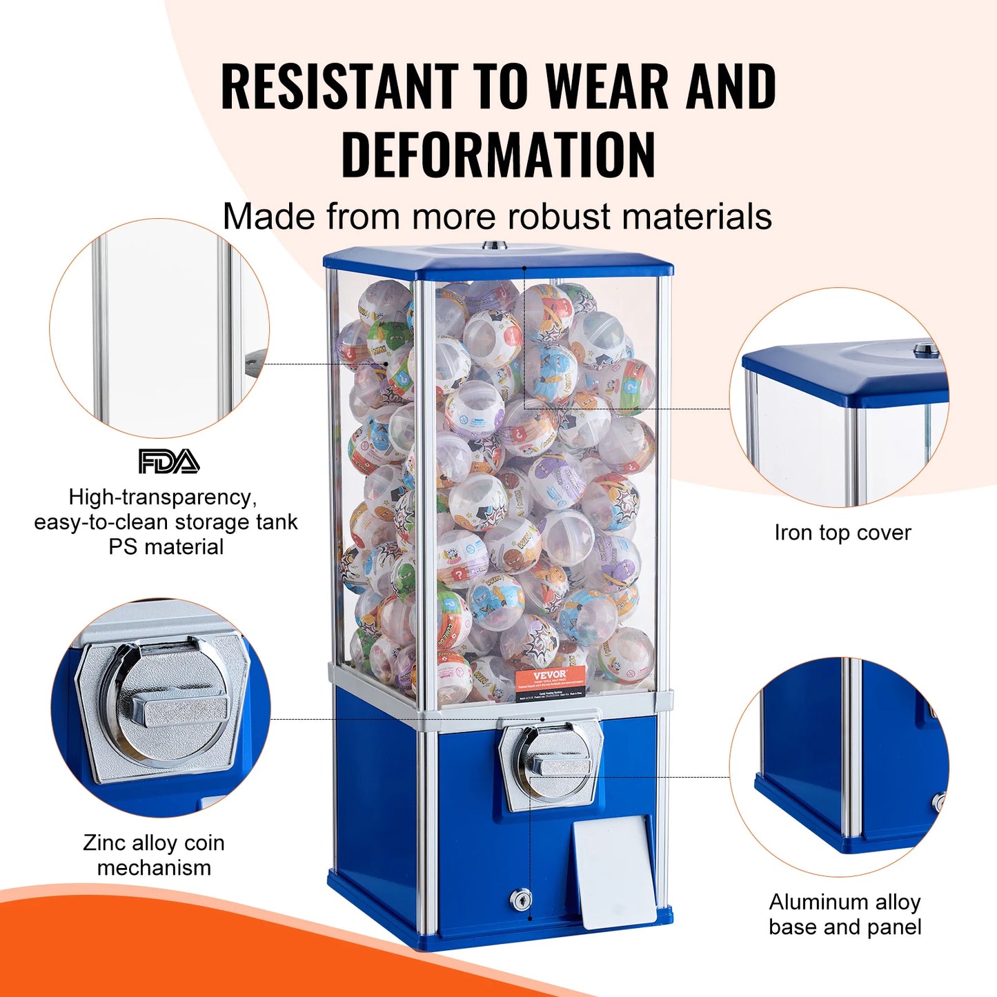 VEVOR 25inch Gumball Machine for Kids PS 230 Capsule Toys Rectangle Blue For Game Stores Coin Operated Gumball Bank