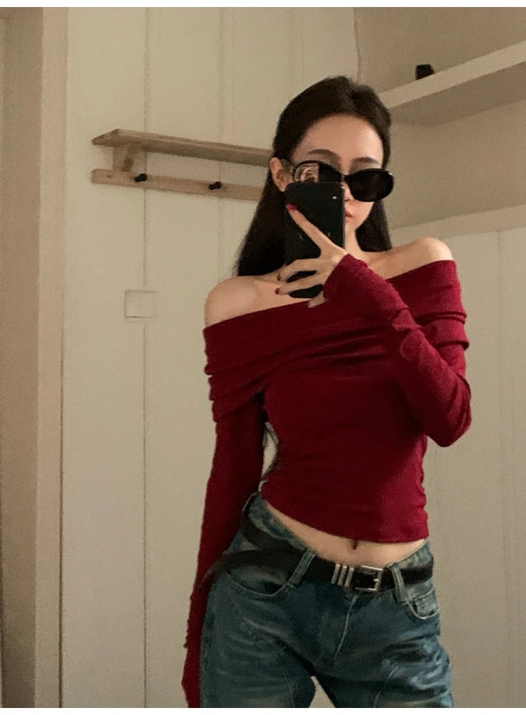 Black Sexy Tops Off Shoulder Long Sleeve T-shirt Women's Solid Elegant Autumn/Winter New Spicy Girl Slim Fit Short Red Crop Top