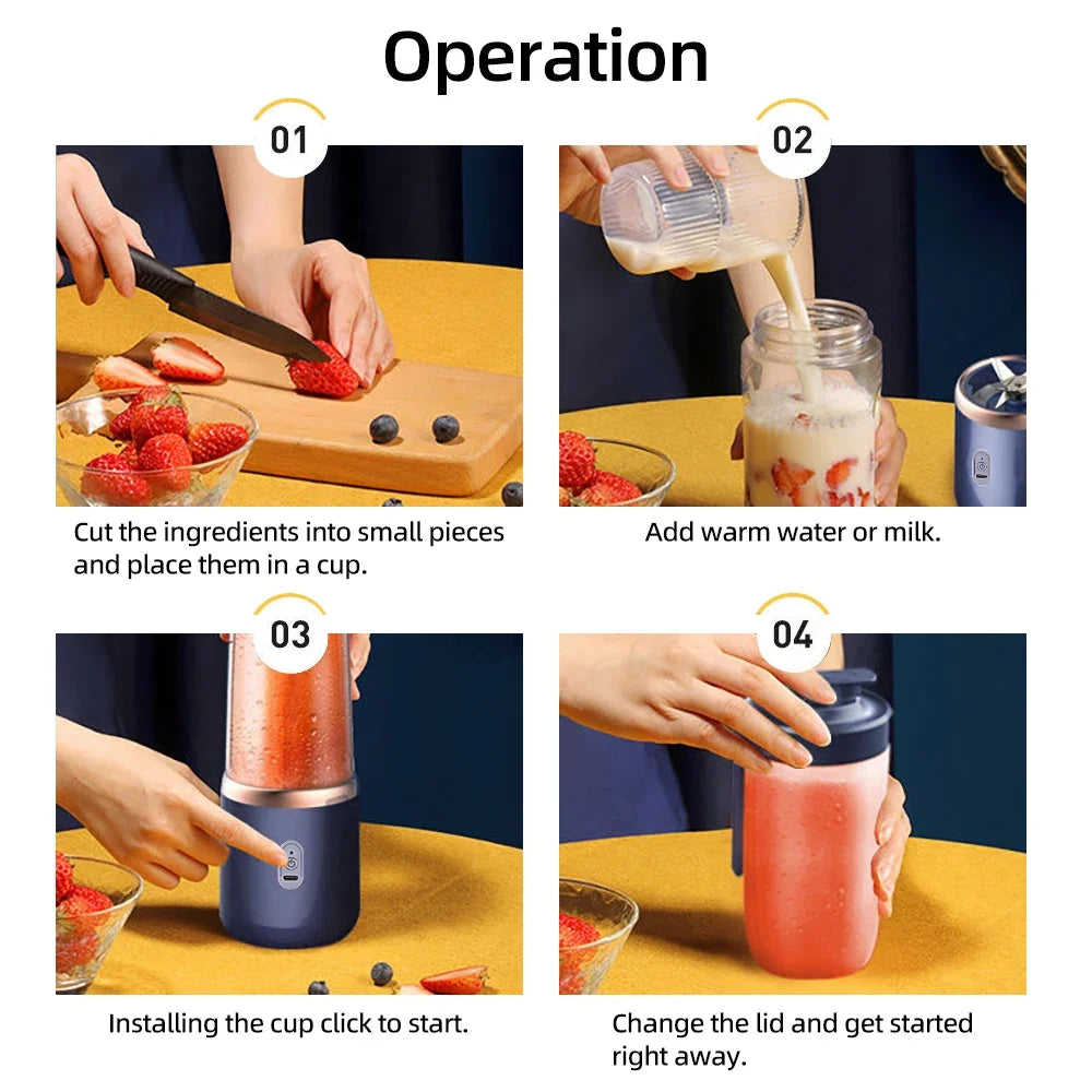 Electric Portable Blender Bottle with 6 Blades Multifunctional Fresh Juice Smoothie Maker Ice Crush Cup Food Processor