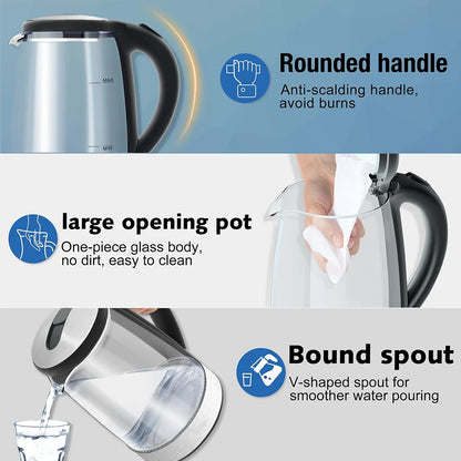 2L Glass Electric Kettle Fast Boiling Water Heater Tea Coffee Thermo Pot Large Capacity Auto Shutoff Smart Kettle for HomeOffice