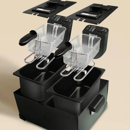Double Bucket Fryer, Total Capacity 6L: 2 3L Buckets, Thermostatic Control, 2 Lids with Window and 2 Baskets, Fully Removable, Bpa Free, Professional Fryer, 3600W