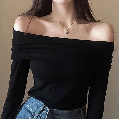 Black Sexy Tops Off Shoulder Long Sleeve T-shirt Women's Solid Elegant Autumn/Winter New Spicy Girl Slim Fit Short Red Crop Top