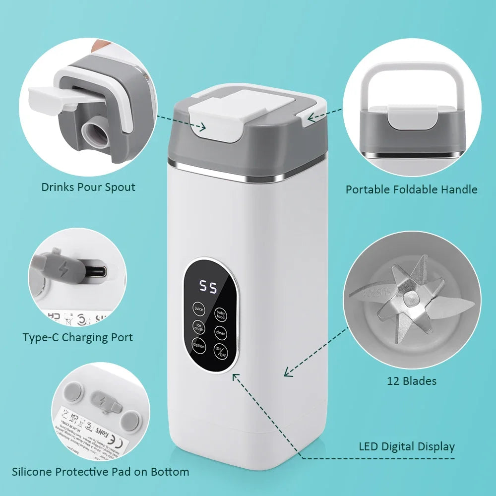 Electric Portable Blender Bottle with 6 Blades Multifunctional Fresh Juice Smoothie Maker Ice Crush Cup Food Processor