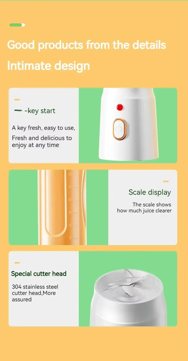 Portable Cordless Blender Juicer 450ml Electric Fruit Juicer USB Rechargeable Lemon Orange Juice Cup Smoothie Blendr
