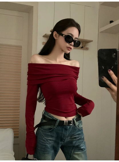 Black Sexy Tops Off Shoulder Long Sleeve T-shirt Women's Solid Elegant Autumn/Winter New Spicy Girl Slim Fit Short Red Crop Top