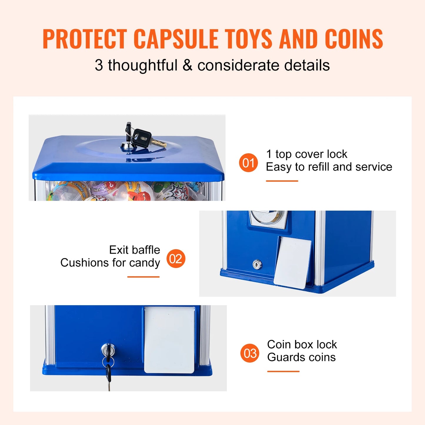 VEVOR 25inch Gumball Machine for Kids PS 230 Capsule Toys Rectangle Blue For Game Stores Coin Operated Gumball Bank