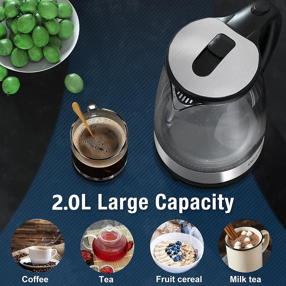 2L Glass Electric Kettle Fast Boiling Water Heater Tea Coffee Thermo Pot Large Capacity Auto Shutoff Smart Kettle for HomeOffice