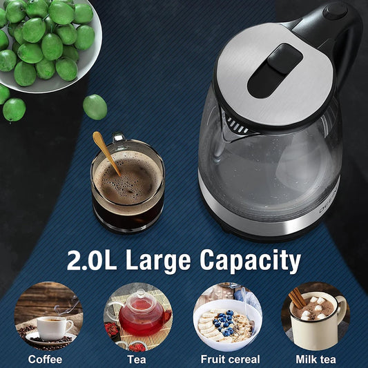 2L Glass Electric Kettle Fast Boiling Water Heater Tea Coffee Thermo Pot Large Capacity Auto Shutoff Smart Kettle for HomeOffice