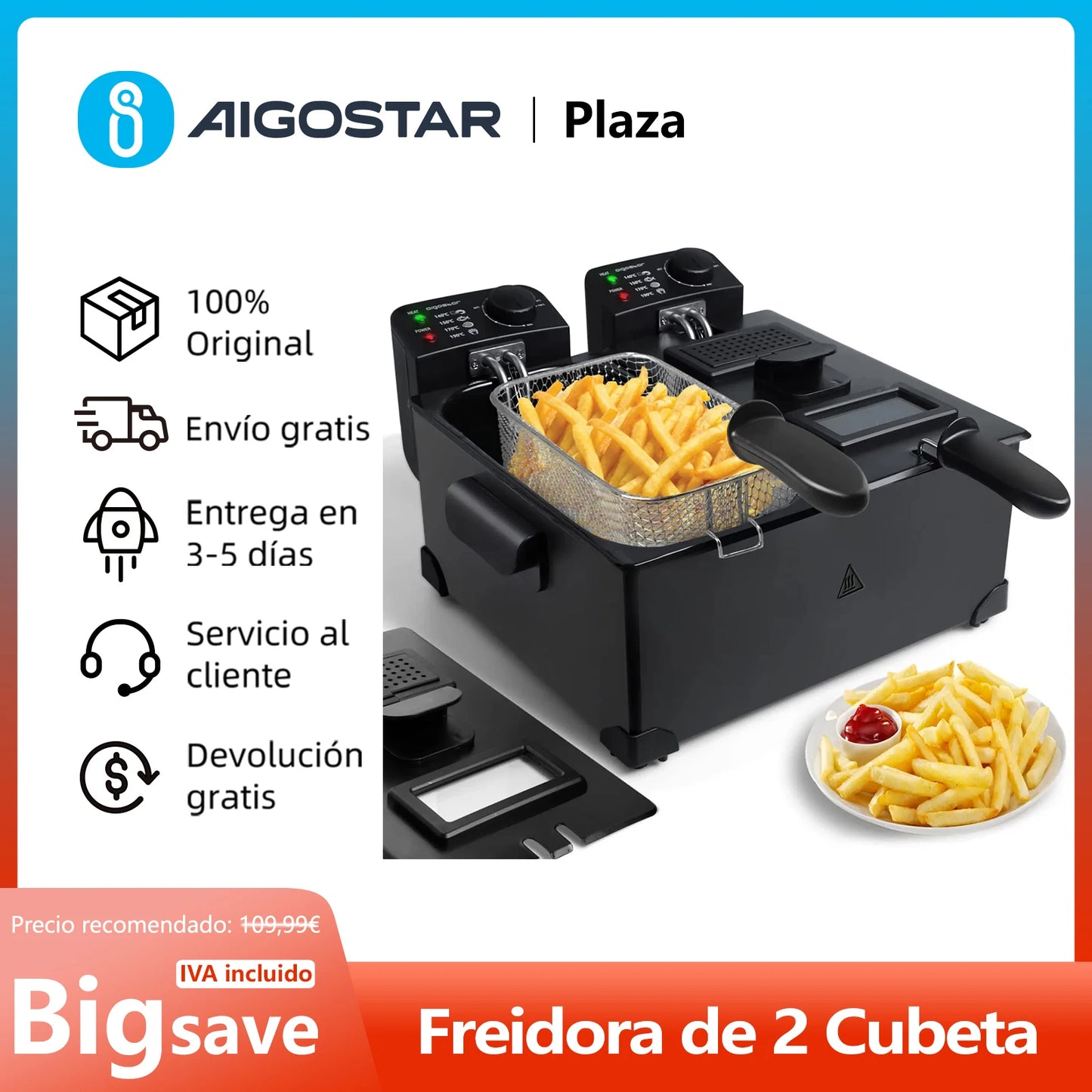 Double Bucket Fryer, Total Capacity 6L: 2 3L Buckets, Thermostatic Control, 2 Lids with Window and 2 Baskets, Fully Removable, Bpa Free, Professional Fryer, 3600W