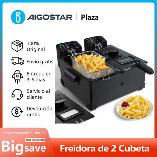 Double Bucket Fryer, Total Capacity 6L: 2 3L Buckets, Thermostatic Control, 2 Lids with Window and 2 Baskets, Fully Removable, Bpa Free, Professional Fryer, 3600W