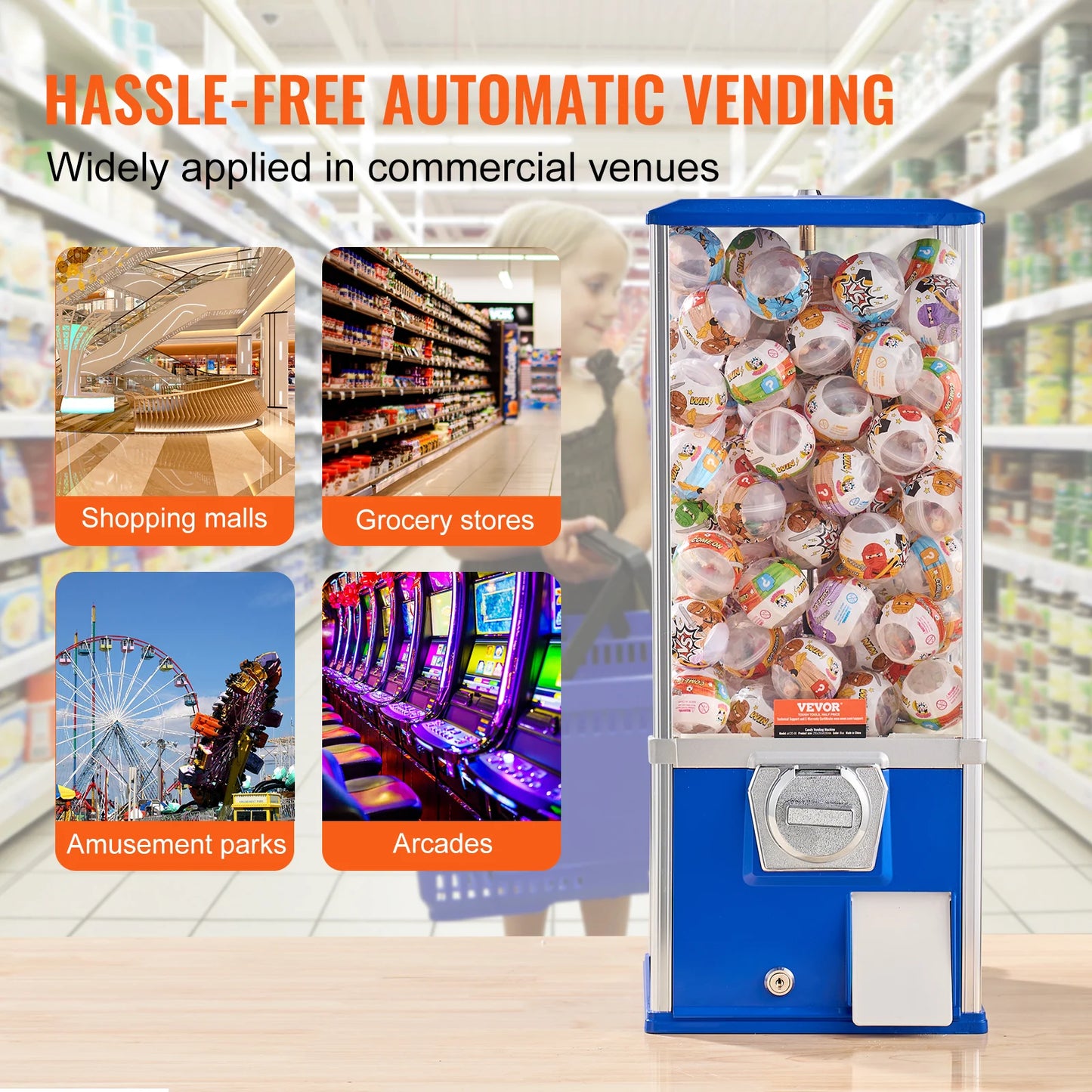 VEVOR 25inch Gumball Machine for Kids PS 230 Capsule Toys Rectangle Blue For Game Stores Coin Operated Gumball Bank