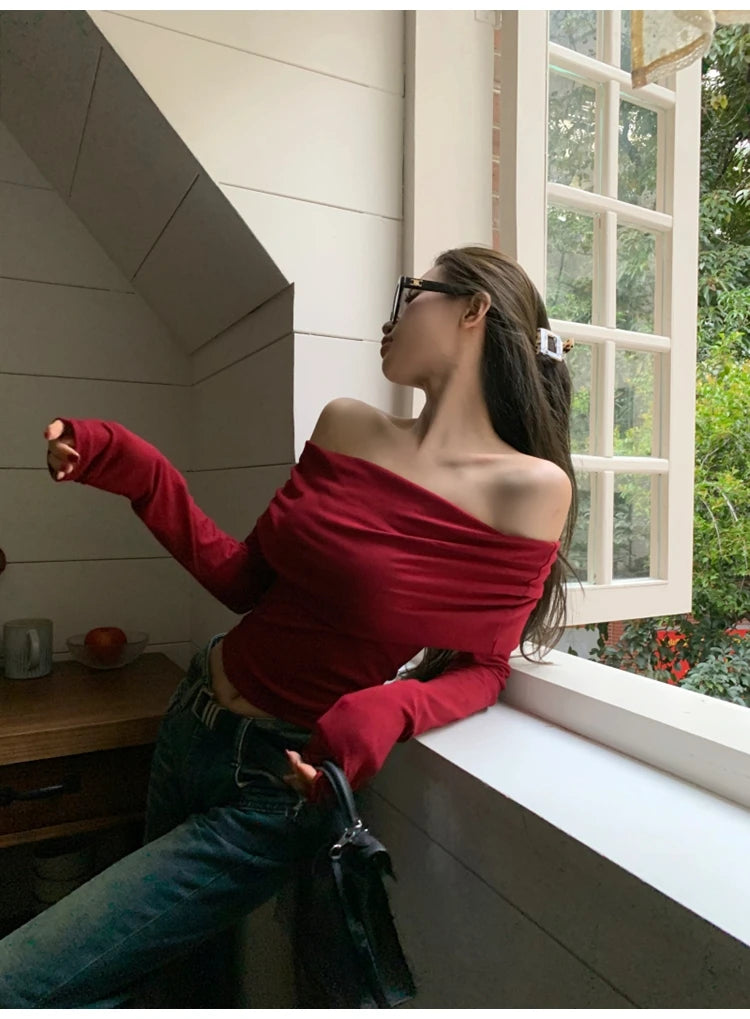 Black Sexy Tops Off Shoulder Long Sleeve T-shirt Women's Solid Elegant Autumn/Winter New Spicy Girl Slim Fit Short Red Crop Top