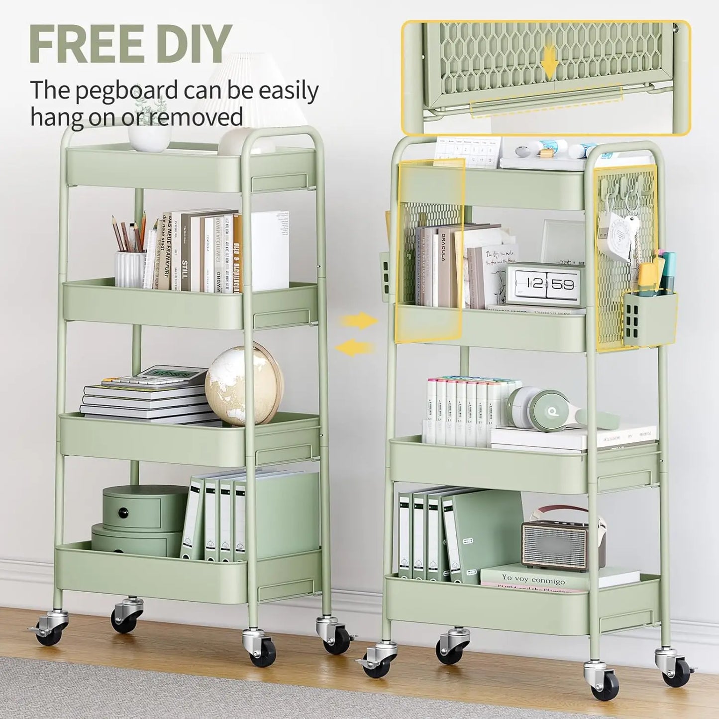 4-Tier Rolling Cart with Pegboard, Metal Storage Organizer with Wheels, Hooks & Bins for Bathroom, Kitchen, Office