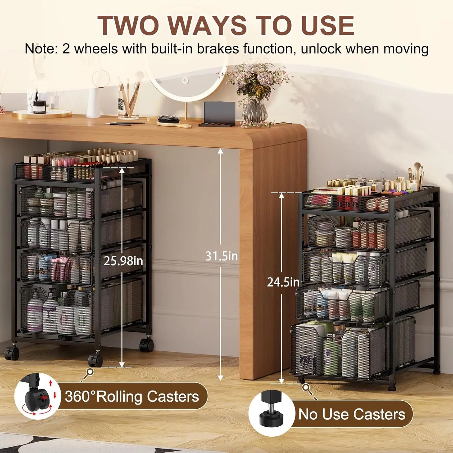 5-Tier Rolling Makeup Cart with 4 Drawers, Adjustable Dividers, Lockable Wheels for Cosmetics Storage