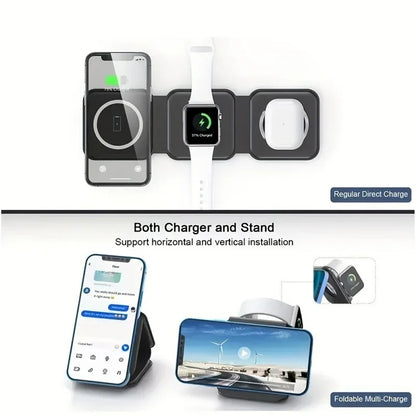 3 in 1 Portable Magnetic Wireless Charger Fast Charging Dock Station Foldable Stand Trip Charger For iPhone Apple Watch AirPods