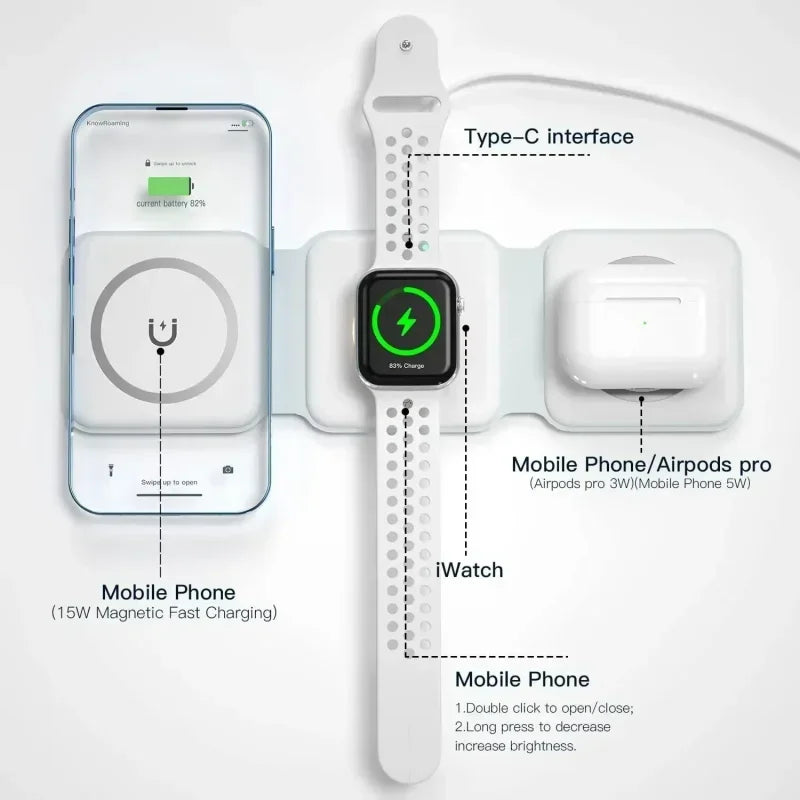 3 in 1 Portable Magnetic Wireless Charger Fast Charging Dock Station Foldable Stand Trip Charger For iPhone Apple Watch AirPods